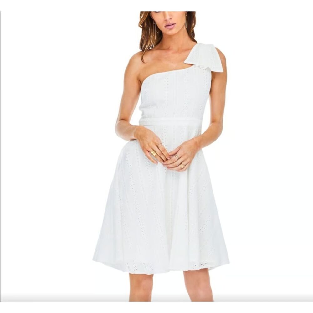 ASTR The Label White One-Shoulder Eyelet/ Asymmetrical Ruffle Sleeve Midi Dress